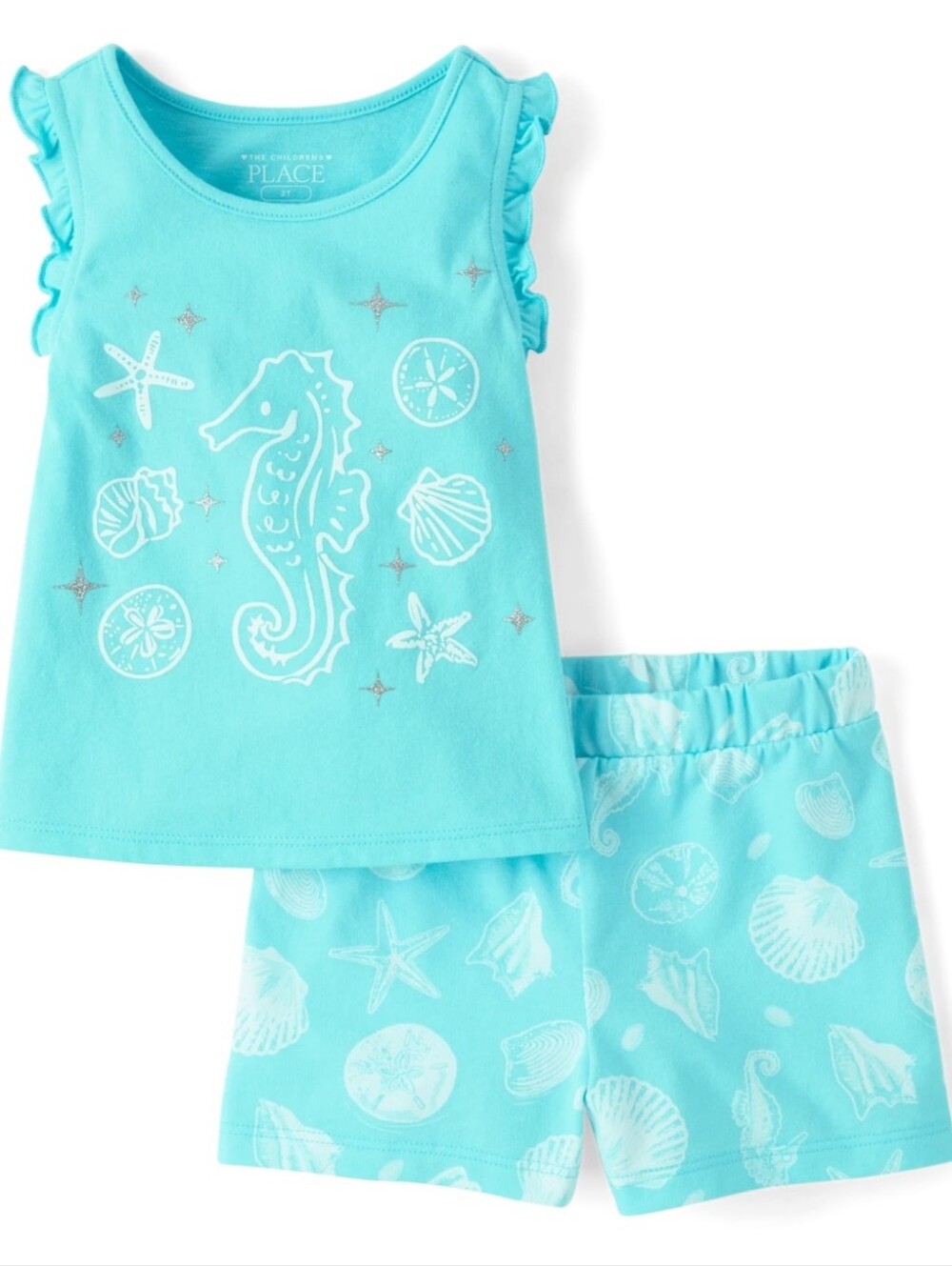 The Children's Place Girl's Aqua Sea Life Tank & Shorts Set, Size 3T